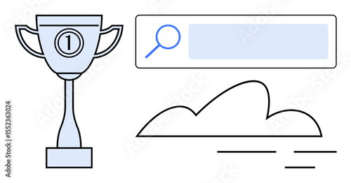 Trophy for first place next to a search bar and cloud. Ideal for success, online visibility, achievement, cloud computing, SEO, technology, simple landing page