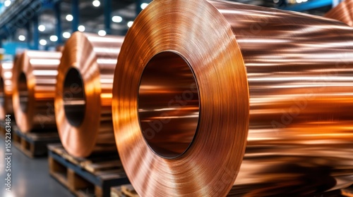 A shiny roll of copper wire in a manufacturing facility reflects the ambient light, showcasing its metallic texture and vivid color, emphasizing its industrial significance.