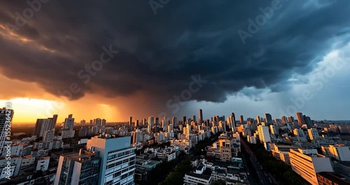 Cityscape under a dramatic sky with contrasting orange and blue hues Rain pouring over a dense urban area during sunset or sunrise High angle view