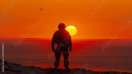 Silhouette of a soldier with drone controller at sunrise