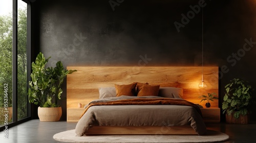 Wallpaper Mural A serene bedroom showcasing a minimalist design with a sleek wooden bed frame, complemented by warm lighting and lush greenery, providing tranquility and comfort. Torontodigital.ca