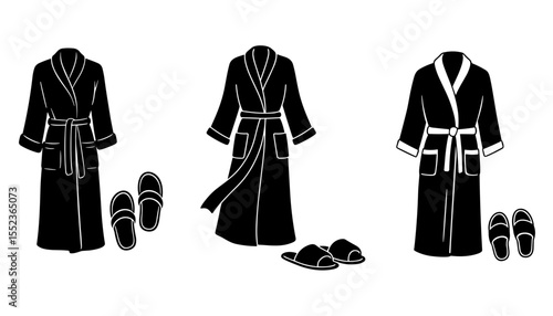 Bathrobe and slippers silhouette icons set for spa wellness hotel and self care design. Icons include three different bathrobes with slippers