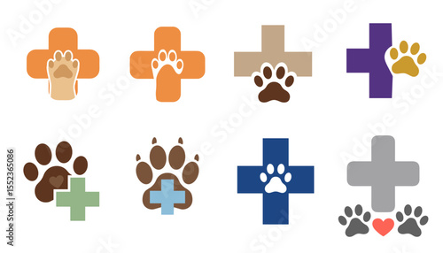 Veterinary care icons set with paw and cross symbols in various colors for pet clinic animal care and vet logo design. Includes icons with orange, blue, purple, green, gray, beige crosses and paws