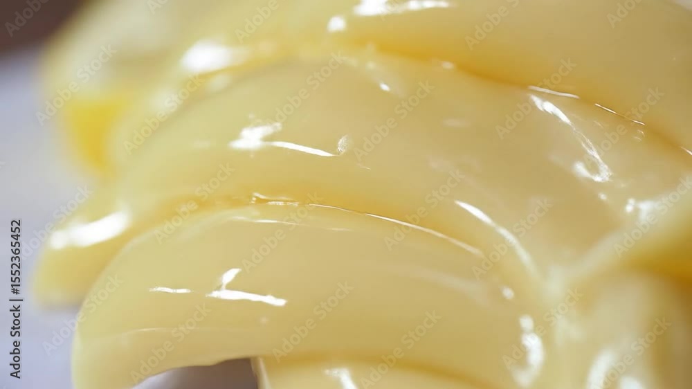 Creamy custard texture close-up video, smooth and glossy dessert topping, food preparation Creamy custard texture close-up video, smooth and glossy dessert topping, food preparation