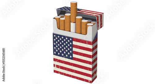 Open cigarette pack with a vintage American flag design. Isolated 3D vector illustration with reflection.