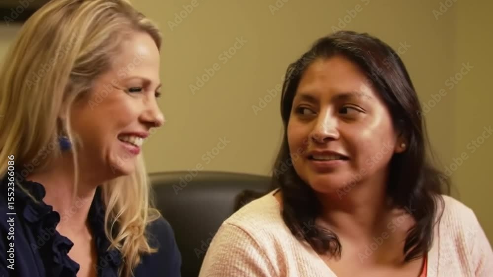 Two diverse women smile while talking in a bright office, creating a positive and inclusive teamwork concept with copy space. Two diverse women smile while talking in a bright office, creating a positive and inclusive teamwork concept with copy space.