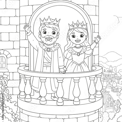 A royal king and queen wave from a castle balcony, dressed in luxurious medieval attire, with a scenic village and mountains in the background.