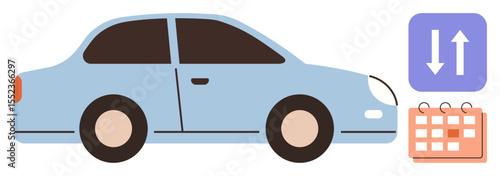Blue car next to a calendar and up-down arrows indicating scheduling, rentals, bookings, or car-sharing. Ideal for transportation, scheduling, logistics, mobility, carpooling planning automotive