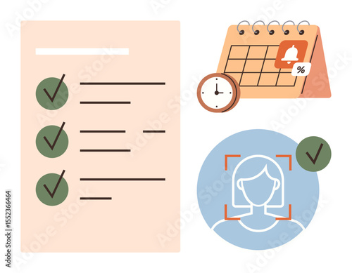 Checklist with green checkmarks, calendar with alarm and clock, facial recognition icon. Ideal for productivity, organization, scheduling, security, time management task planning workflow. Simple