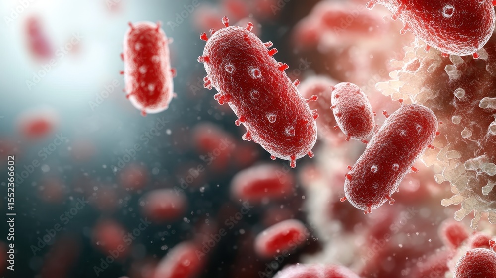 Fototapeta premium An intricate microscopic depiction of red bacteria in a 3D environment showcasing vitality and the complexity of life at a microscopic scale, perfect for scientific illustrations.