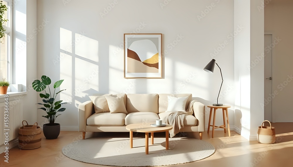 Fototapeta premium scandinavian living room, beige sofa, round coffee table, geometric art, potted monstera, cozy neutral tones, minimalist decor