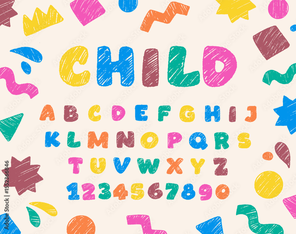 Crayon kids font. Cute doodle typescript with realistic pencil stroke texture. Fun and playful typography with alphabet letters and numbers. Hand drawn vector illustration isolated on background