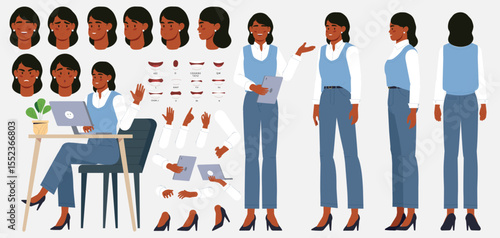 Character constructor set. Happy female entrepreneur in different body positions and with different emotions. Arms and legs of office worker. Flat vector illustration collection isolated on background