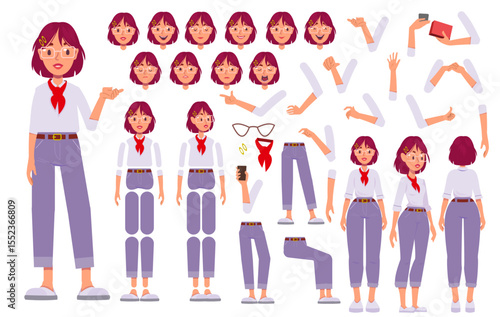Character constructor set. Happy female entrepreneur or businesswoman in different body positions. Arms, legs and facial emotions of office worker. Flat vector illustration isolated on background
