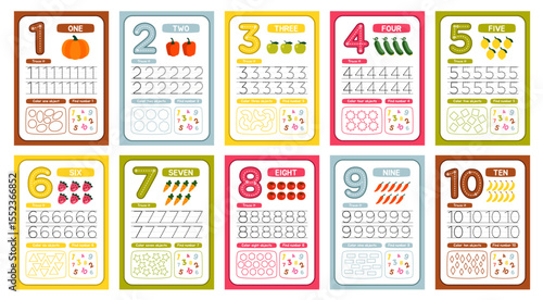 Activity worksheets for kids. Educational flashcards for elementary school to learn numbers from one to ten. Materials for preschoolers. Flat vector illustration collection isolated on background