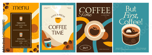Coffee Poster Set. Minimal flyers with coffee beans, cups of hot espresso and mugs of coffee drink. Design for cafe or coffee shop menu. Flat vector illustration collection isolated on background