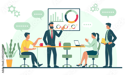 Business Discussion. Scene with office workers and entrepreneurs discussing project at conference, briefing or meeting. Analysis of data, graphs and charts. Flat vector illustration on background