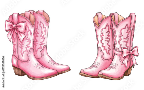Vector illustration of, Pink Cowgirl Boots Set with Bows - Western Fashion Footwear