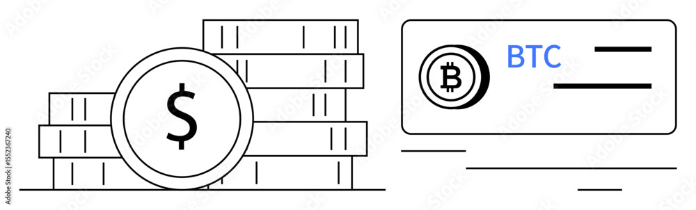 Obraz premium Stacked dollar coins and a Bitcoin card showcase financial diversity. Ideal for cryptocurrency, digital currency, finance, blockchain, e-commerce, fintech, savings. Minimalist flat metaphor