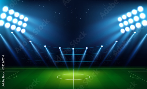 European football stadium. Soccer arena with green grass field, spotlights and lights. Night scene with sport game playground. Football championship or competition. Realistic 3D vector illustration