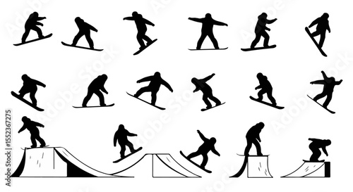 Black silhouettes showcase snowboarding stunts and action on ramps in winter sports designs.