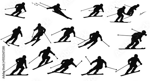 Silhouettes depict alpine skiing with grace, showing a seamless blend of athletic skill and wintry mountain fun.