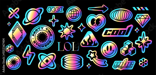 Set of holographic y2k stickers. Gradient Retro Futuristic Foil Effect Badges. Labels with emoji, planet, star and diamond. Iridescent vector illustration collection isolated on background