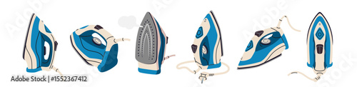 Electric iron set. Steam iron icons from different angles. Household device for steaming and smoothing out wrinkles on clothes and textiles. Flat vector illustration collection isolated on background