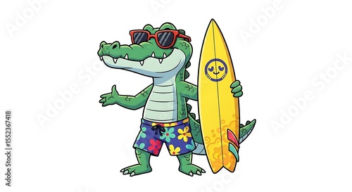 Cartoon crocodile surfer with surfboard, sunglasses and floral shorts, happy and ready for the beach. On white background.