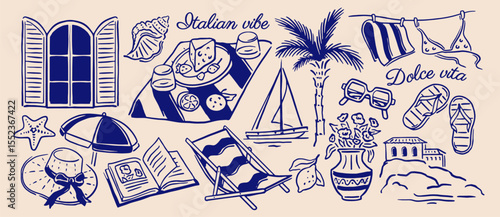 Summer Vacation Doodle Set. Dolce Vita and travel to Italy. Stickers with wine, palm tree, Italian coast sea or beach print elements. Hand drawn vector illustration collection isolated on background