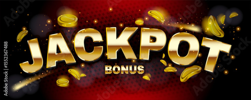 Jackpot bonus text effect. Gambling banner with golden shining letters and falling coins on dark background. Luck and winning at casino. Headline typography. Realistic cartoon vector illustration