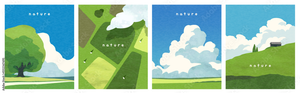 Obraz premium Set of Summer landscape posters. Flyers with beautiful natural countryside scenery with green fields, hills, trees and white clouds in sky. Flat vector illustration collection isolated on background
