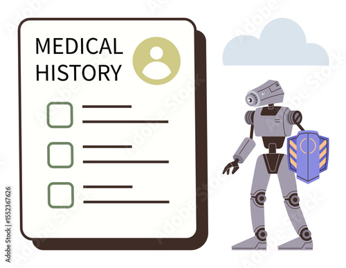 Robot with protective shield next to medical record checklist. Ideal for healthcare, AI, cybersecurity, medical data, digital safety, health services, futuristic technology. Simple flat metaphor