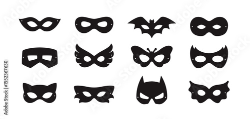 Set of black superhero masks. Icons with eye masks for masquerade or carnival. Design elements for festival. Hero or villain costume. Flat vector illustration collection isolated on background