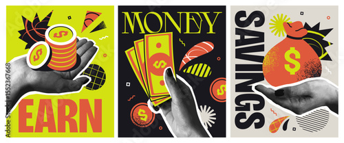 Set of finance halftone posters. Vintage retro flyers with hands holding gold coins, bills and money bag. Investing, Earnings and Salary. Flat vector illustration collection isolated on background