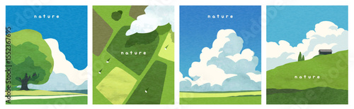 Set of Summer landscape posters. Flyers with beautiful natural countryside scenery with green fields, hills, trees and white clouds in sky. Flat vector illustration collection isolated on background