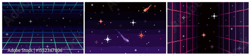 Set of 8 bit cyber space backgrounds. Retro futuristic pixel art banners with synthwave grid, stars, comets and outer space. Design for video games. Flat vector isolated illustration collection