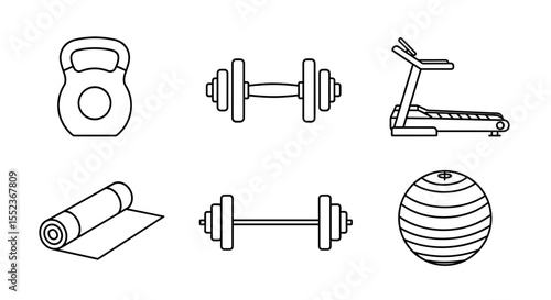 Outline drawing showing various exercise equipment including weights and a treadmill for fitness use