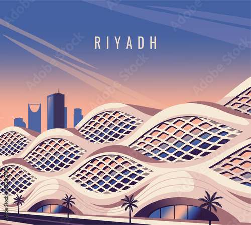 Riyadh, Saudi Arabia. Travel destination poster with modern architecture of arab city with railway metro station. Futuristic Cityscape. Tourism and journey. Cartoon flat vector illustration