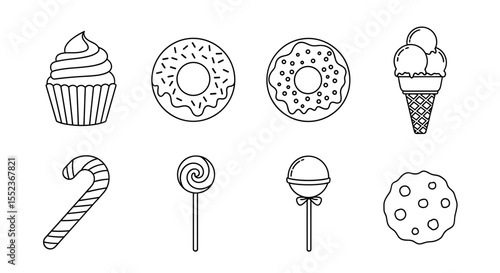 Outlined sweets featuring a cupcake, donuts, ice cream, candy cane, lollipops and a cookie are shown