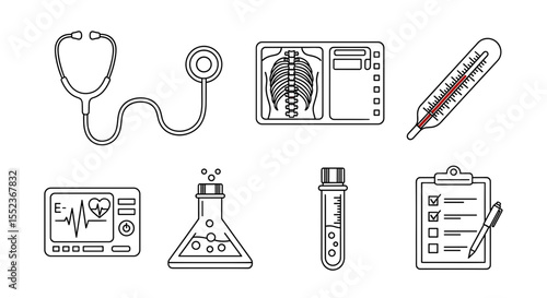Illustration featuring medical equipment such as a stethoscope, x ray, and a thermometer and more items