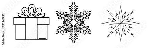 Outlined gift box, intricate snowflake, and star illustration arranged side by side in a row format