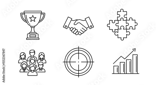 Six line art icons depicting business concepts such as teamwork success and collaboration in a group setting