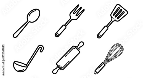 Outline drawing showcasing various kitchen utensils including a spoon, fork, and rolling pin design