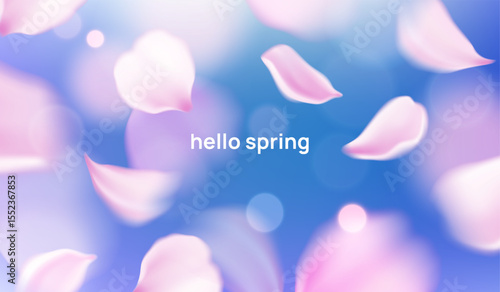 Spring soft background. Beautiful watercolor banner with flying and falling pink petals of sakura flowers or cherry blossom tree in blue sky. Design for social media. Realistic 3D vector illustration