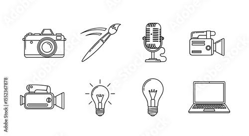 Collection of media creation tools including camera microphone paintbrush and laptop in outline style art design