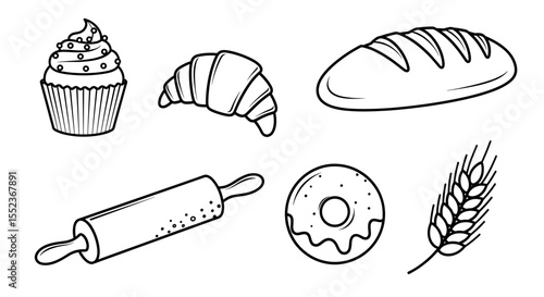 Assorted bakery items including cupcake croissant bread rolling pin donut and wheat illustration