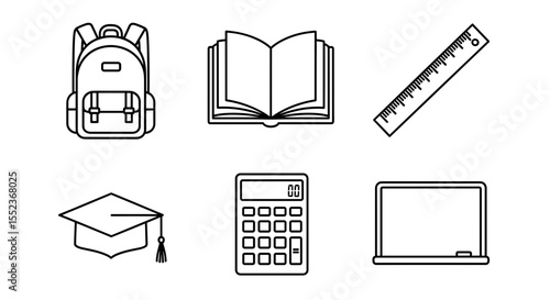 Outline drawing of school supplies including backpack book ruler and graduation cap calculator board