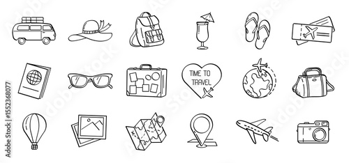 Travel Line Icons Set. Simple doodle symbols with passport, backpack, map and cocktail. Tourism and Journey. Editable stroke. Outline vector illustration collection isolated on background