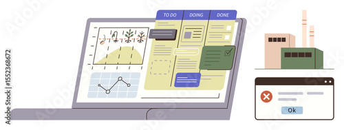 Open laptop screen displaying charts, task board stages, and a monitoring alert near a factory setup. Ideal for productivity, project management, workflow optimization, industry monitoring, data